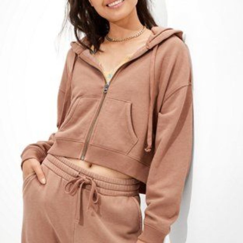 American Eagle Fleece Cropped Zip-Up Hoodie, Brown Medium